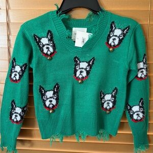 “No Comment Girls” NWT Green Sweater with Dog embellished with  metal bells. 7/8